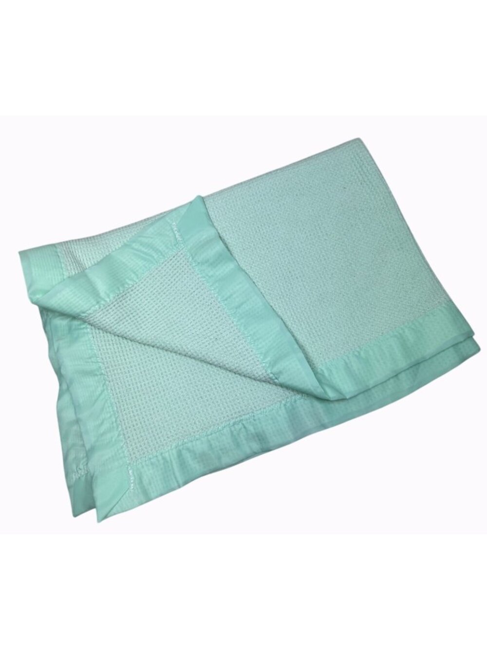 Bright Future Baby Blanket aqua Mint Green Waffle Knit With Satin Trim Acrylic